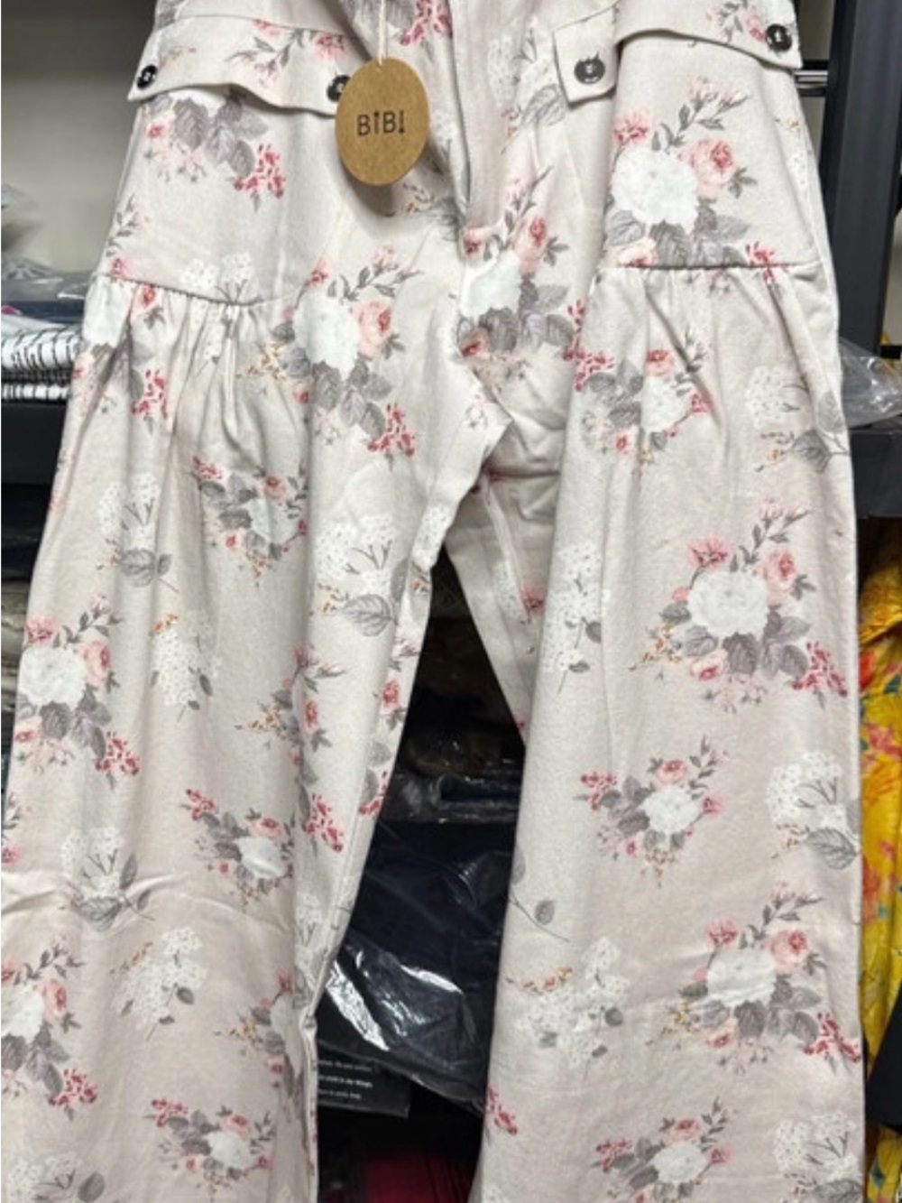 BiBi Cream Floral Wide-Leg Pants with Pink & Gray Accents also can